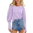 thumbnail image 1 of yoeyez Puff Long Sleeve Shirts for Women Casual Crewneck Waffle Knit Blouse Tops Split Button Cuffed Crop Pullover Shirts Purple 2XL, 1 of 6
