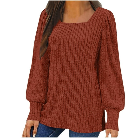 yoeyez Puff Long Sleeve Shirts for Women Square Neck Casual Lightweight Tops Buttons Loose Fit Knitted Stripe Pullover Tunic Top Brown XL