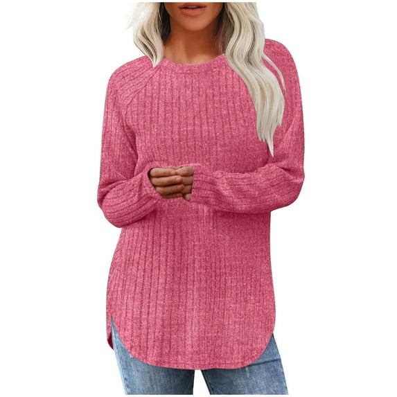 yoeyez Puff Long Sleeve Shirts for Women Square Neck Casual Lightweight Tops Buttons Loose Fit Knitted Stripe Pullover Tunic Top Pink S
