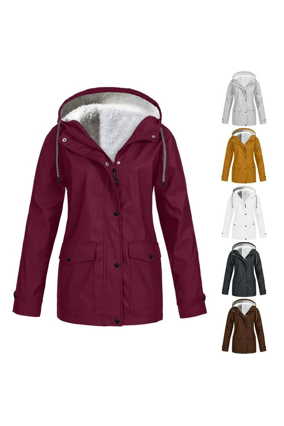 Rain Jacket for Women Hooded Fleece Lined Zip Up Drawstring Raincoat with Pockets Long Sleeve Outdoor Activewear Outwear Army Green,L