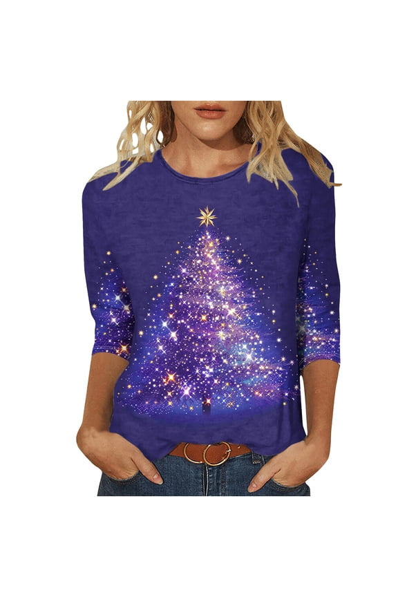 Recent Orders Placed By Me Christmas Shirts for Women 2025 Glitter Xmas Tree Print Holiday Tops 3/4 Length Sleeve T-Shirts Casual Crewneck Holiday Pullover Blouse