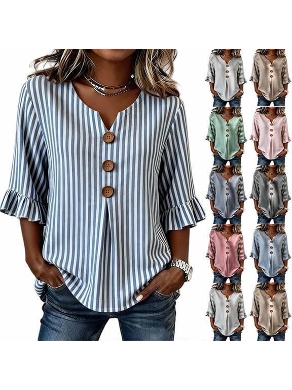 Ruffle 3/4 Sleeve Shirt Ladies Striped Tops Pleated Buttons Trim V Neck T Shirts Cute Fashion Fall Blouses Loose Fit Vacation Top for Women Pink,XL