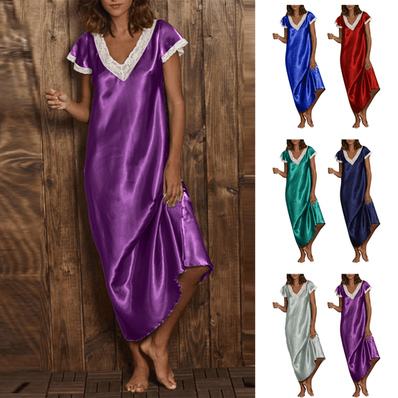 yoeyez Satin Nightgowns for Women Lace Trim V Neck Modal Sleep Dress Ruffle Sleeve Lingerie Night Dress Soft Loungewear & Sleepwear Green,M