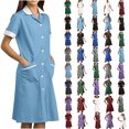 thumbnail image 1 of yoeyez Scrubs for Women Short Sleeve Nurse Working Uniform Buttons Laple Neck Wrap Shirts Dress Color Block Short Scrubs Dress with Pocket Green,L, 1 of 7