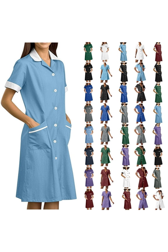 Scrubs for Women Short Sleeve Nurse Working Uniform Buttons Laple Neck Wrap Shirts Dress Color Block Short Scrubs Dress with Pocket White,L