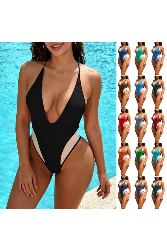 Sexy One Piece Swimsuit for Women Plunge V Neck High Cut Swimwear Halter Backless Cheeky Bathing Suits Color Block Flattering Bikini Multicolor,XXL