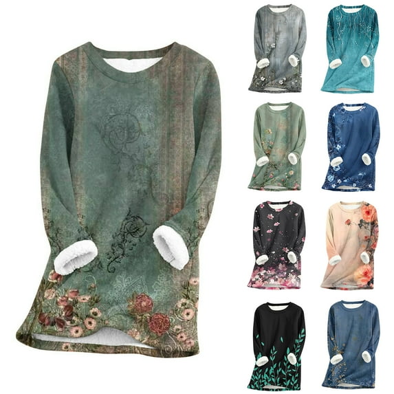 yoeyez Sherpa Sweatshirt for Women Vintage Floral Crewneck Pullover Tops Winter Warm Fleece Lined Tunic Thermal Long Sleeve Loungewear