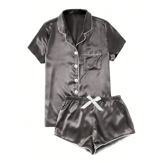 yoeyez Silk Pajamas for Women 2-Piece Sleepwear Loungewear Short Sleeve Button-Down Pj Set With Pockets Womens Pajama Sets Shorts Sleepwear Black L