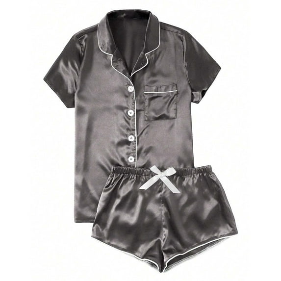 yoeyez Silk Pajamas for Women 2-Piece Sleepwear Loungewear Short Sleeve Button-Down Pj Set With Pockets Womens Pajama Sets Shorts Sleepwear Gray XL