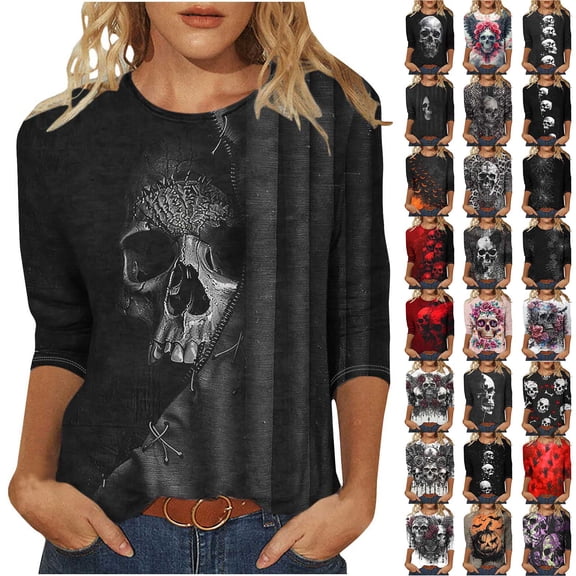 yoeyez Skeleton Halloween Shirt Women Funny 3/4 Length Sleeve T Shirts Oversized Fall Casual Loose Tee Tops Multicolor,XL