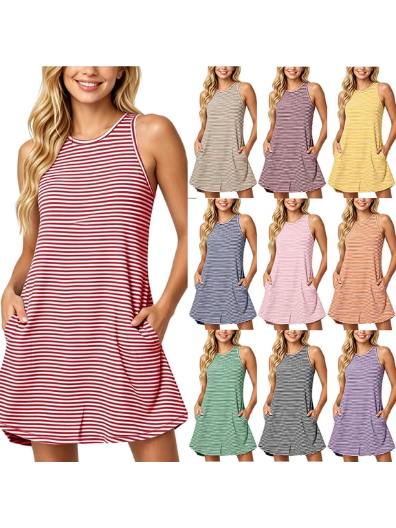 Sleeveless Tank Dress for Women Striped A Line Mini Sundress High Neck Stretchy Soft Swing Dresses Breathable Casual Beach Tunic Dress with Side Pockets Black,L