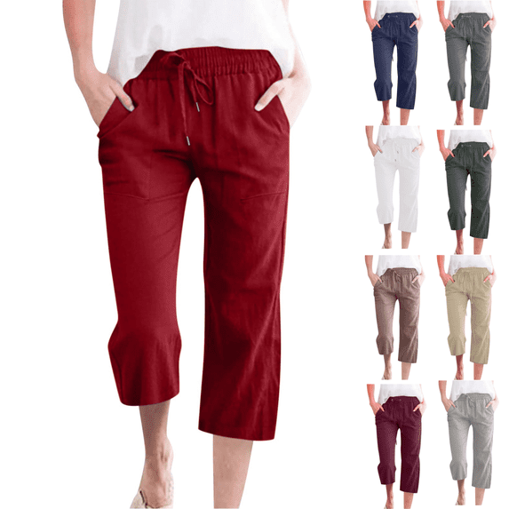 yoeyez Straight Leg Capris Pants for Women Plus Size Cotton Linen Pant Drawstring Elastic Waist Capris Comgy Casual Summer Trousers with Pockets Gray,XXL