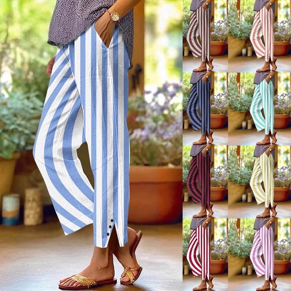 yoeyez Striped Print Linen Pants Women Casual Straight Leg Side Slits Pant Loose Elastic Waist Slacks Summer Lightweight Pajama Pants with Pockets Blue,XXL