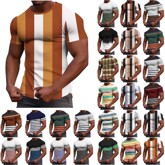 yoeyez Striped Short Sleeve Tee for Men Waffle Knit Crewneck T-Shirts Big and Tall Casual Tee Shirts Summer Muscle Fit Shirts Orange,XL