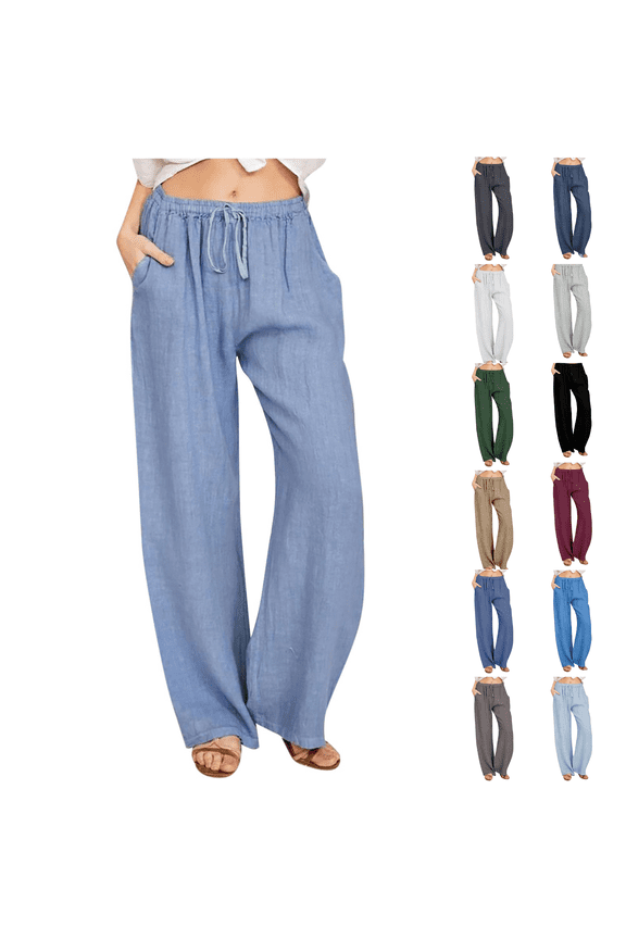 Summer Baggy Pants for Women Cotton Linen Casual Pants Drawstring Elastic Waist Flowy Pant Comfy Lounge Pants with Pockets Sky Blue,L
