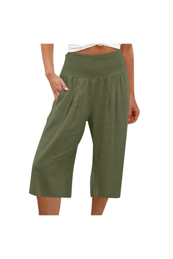 Summer Capris for Women 2025,Women's Cotton Linen Wide Leg Capris Elastic High Waist Pant Loose Comfy Lounge Capris Pants Army Green,L