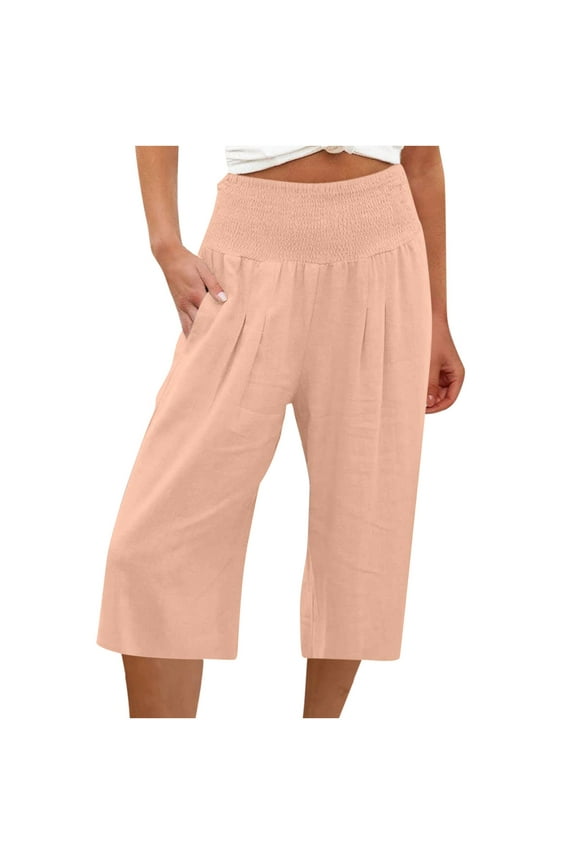 Summer Capris for Women 2025,Women's Cotton Linen Wide Leg Capris Elastic High Waist Pant Loose Comfy Lounge Capris Pants Pink,S
