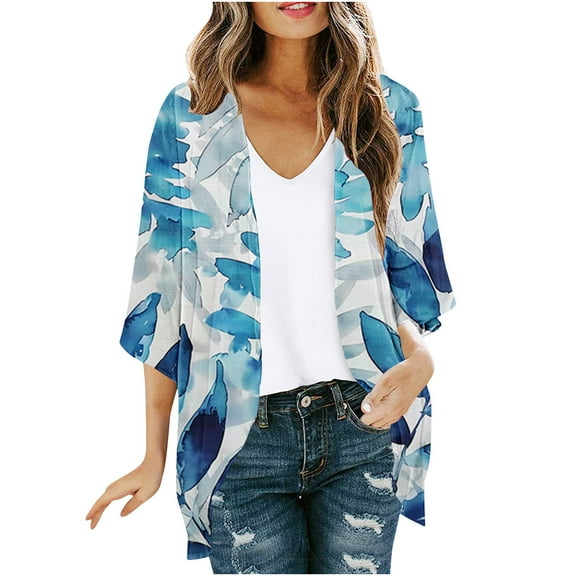 yoeyez Summer Cardigans for Women Lightweight Ladies Flower Printed Kimono Cardigan Puff Sleeve Tops Loose Fit Chiffon Beach Cover Up Multicolor,3XL