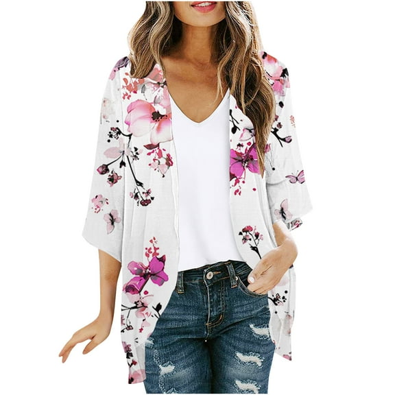 yoeyez Summer Cardigans for Women Lightweight Ladies Flower Printed Kimono Cardigan Puff Sleeve Tops Loose Fit Chiffon Beach Cover Up Multicolor,3XL