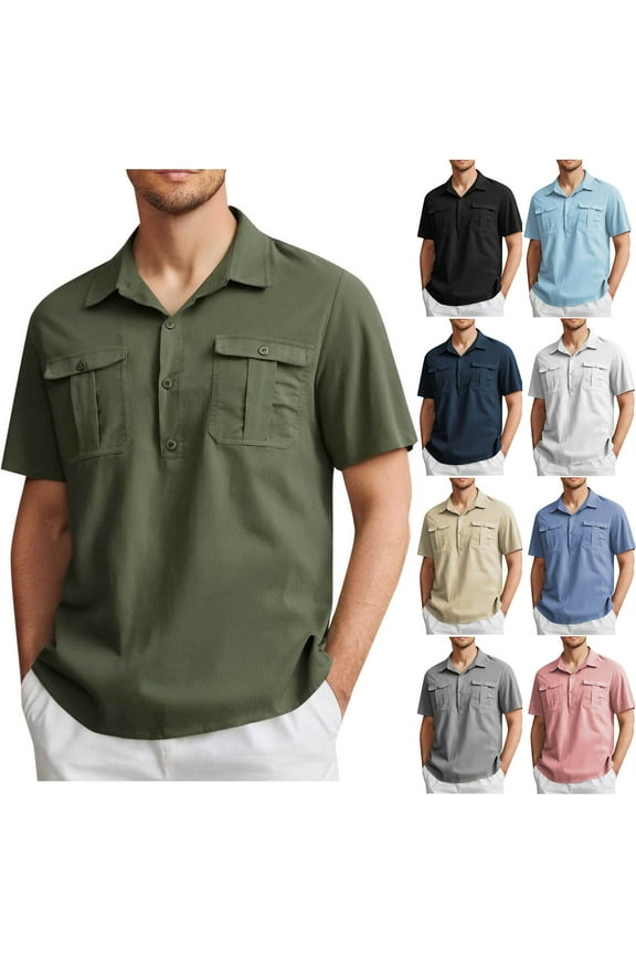 Summer Cargo T Shirts for Men Linen Big and Tall Polo Shirts Comfy Loose Short Sleeve Work Blouse Tops with Two Pocket Pink,S