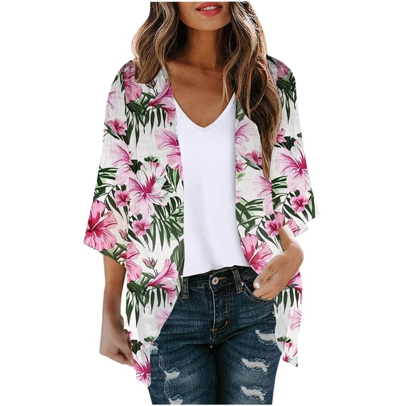 yoeyez Summer Lightweight Cardigan 2025,Women Floral Chiffon Kimono Cardigan Puff Sleeve Cover Up Casual Open Front Beach Wear White,XL