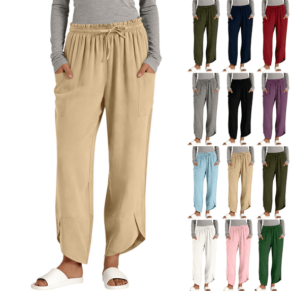 yoeyez Summer Linen Pants for Women Drawstring Elastic Waist Smocked Pants With Pockets Irregular Hem Lounge Loose Cropped Pant Navy,S