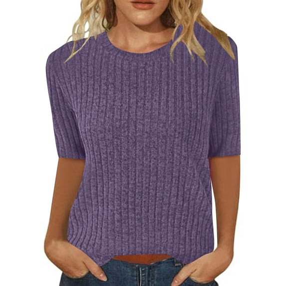 yoeyez Summer Short Sleeve Tops for Women Crew Neck Pullover Blouse Knitted Pit-Strip T-Shirts Business Casual Tunic Tops Work Shirts on Sale Purple S