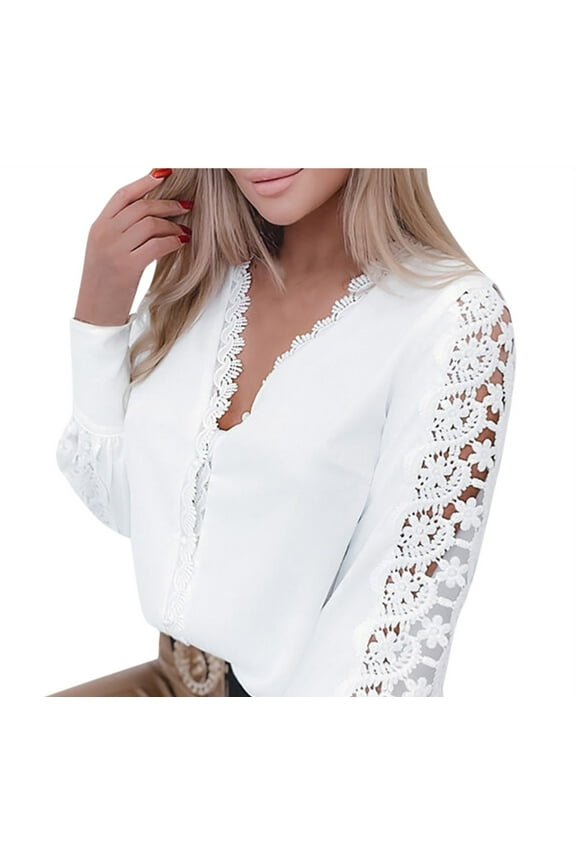 Summer Tops for Women 2025 Dressy Work Top For Women Lace Eyelet Long Sleeve Shirts V Neck Office Tunic Tees Professional White Jacquard Blouses