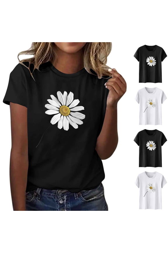 Summer Tops for Women 2025 Fitted Womens Short Sleeve Shirts For Summer With Flowers Graphic Tees Petite Round Neck Workout Tops Vintage Blouses