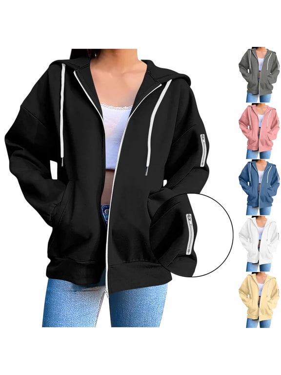 Sweatshirt Jackets for Women Zip up Hoodies Lightweight Loose Solid Color Jackets Coats Fall Casual Workout Elbow zippers Pink,S