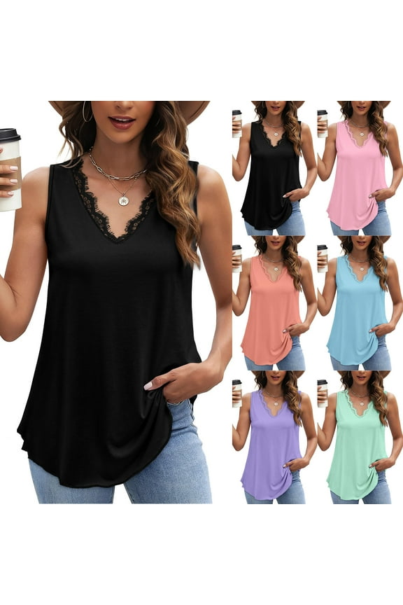 Tank Tops for Women Plus Size Sleeveless Lace Trimmed V Neck Pleated Blouse Dressy Casual Loose Flowy Tunic Shirts Vest for Spring Summer Black,L
