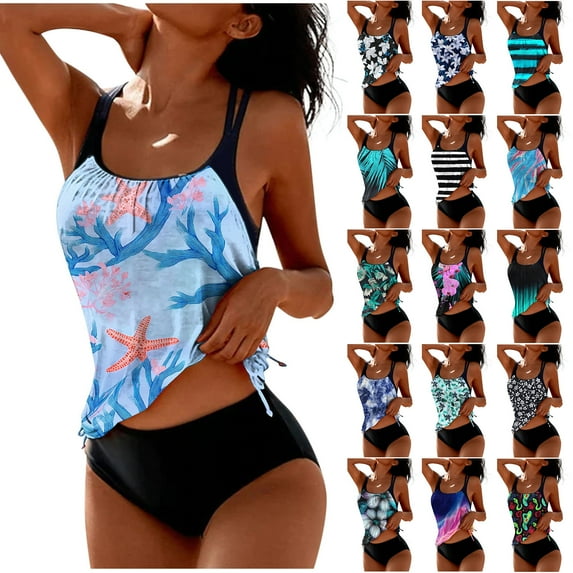 yoeyez Tankini Swimsuits for Women 2 Piece Summer Two Piece Modest Bikini Sets Print Graphic Swim Tank Top with Boyshorts Ladies Swimwear,Black,L