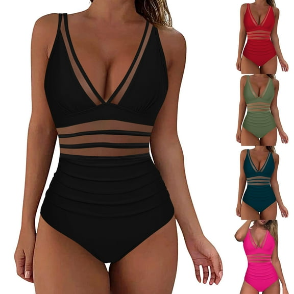 yoeyez Tankini Swimsuits for Women One Piece Tummy Control Swim Suits Deep V Neck Mesh Bathing Suit Slimming High Waistd Push Up Swimwear,Green,XXL
