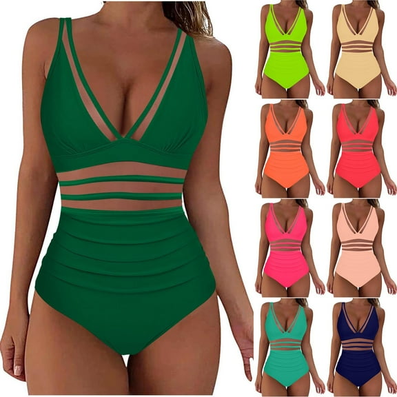 yoeyez Tankini Swimsuits for Women One Piece Tummy Control Swim Suits Deep V Neck Mesh Bathing Suit Slimming High Waistd Push Up Swimwear,Khaki,M