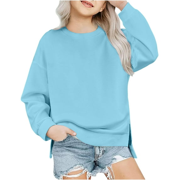 yoeyez Teen Girls Casual Pullover Sweatshirts Children Solid Color Crewneck Sweatshirt Trendy Casual Irregular Hem Slit Pullover Tops Beige 12-13 Years