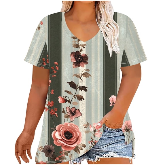 yoeyez Trendy Tops for Womens, Womens Plus Size Short Sleeve Blouse V Neck Casual Loose Tops Vintage Fashion Print T-Shrits Trendy Going Out Blouses White 5XL