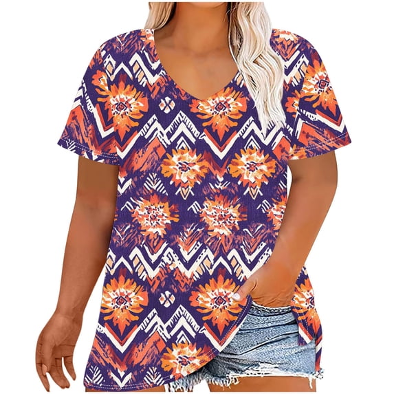 yoeyez Trendy Tops for Womens, Womens Plus Size Short Sleeve Blouse V Neck Casual Loose Tops Vintage Fashion Print T-Shrits Trendy Going Out Blouses on Sale Purple 2XL