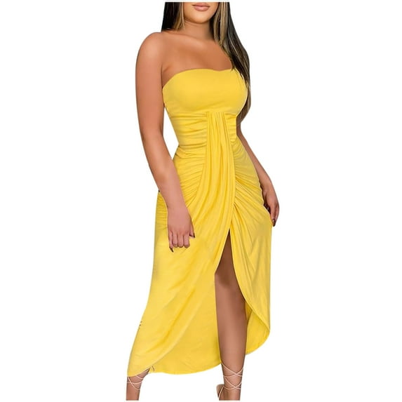 yoeyez Tube Dresses for Women 2024 Sexy Slit High Low Club Party Clubwear Ruched Off The Shoulder Solid Color Summer Dress