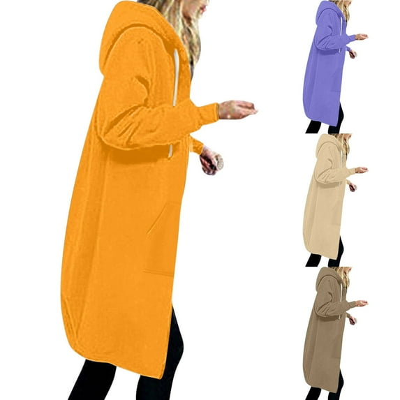 yoeyez Tunic Long Hoodies for Women Full Zip Knee Length Hooded Sweatshirt Hoodie Plus Size Casual Long Sleeve Jackets with Pocket Khaki,XXL