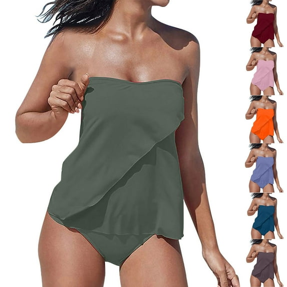 yoeyez Two Piece Bandeau Tankini Swimsuits for Women Solid Halter Swim Top with Bottom Flyaway Tummy Control Swimsuit Strapless Swimwear,Wine,3XL