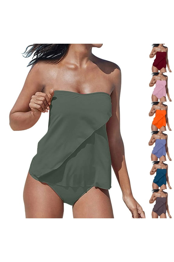 Two Piece Bandeau Tankini Swimsuits for Women Solid Halter Swim Top with Bottom Flyaway Tummy Control Swimsuit Strapless Swimwear,Wine,5XL