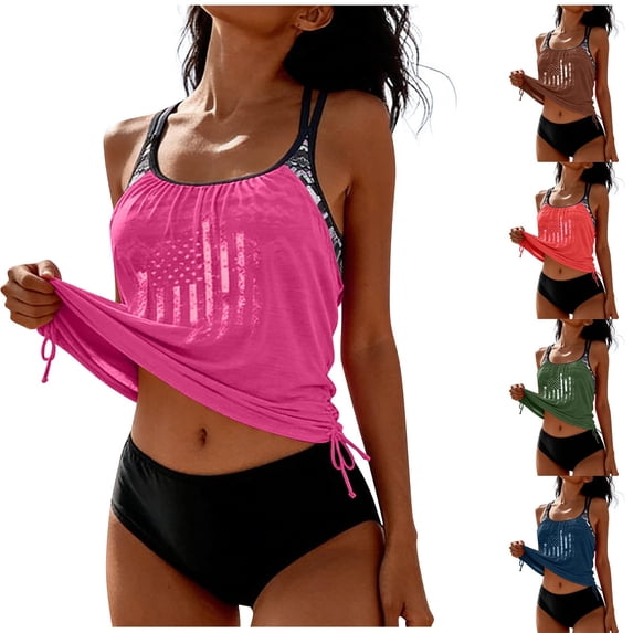 yoeyez Two Piece Swim Suits for Women 2025 Patriotic Modest Bathing Suit Blouson Summer Swimsuits Ruched Drawstring Top with Shorts American Flag Print Swimwear,Hot Pink,XXL