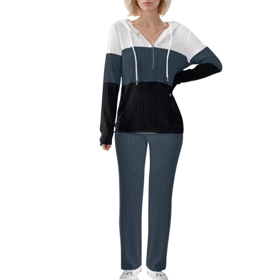 yoeyez Two Piece Womens Pajama Sets Ribbed Knit Comfy Long Sleeve Lounge Sets 2 Piece Matching Pj Sets with Pockets Long Pants Soft Sleepwear Black M