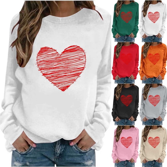 yoeyez Valentine's Sweatshirt for Women Funny Love Heart Print Shirts Round Neck Long Sleeve Sweatshirts Loose Holiday Tshirt Clothes Tops