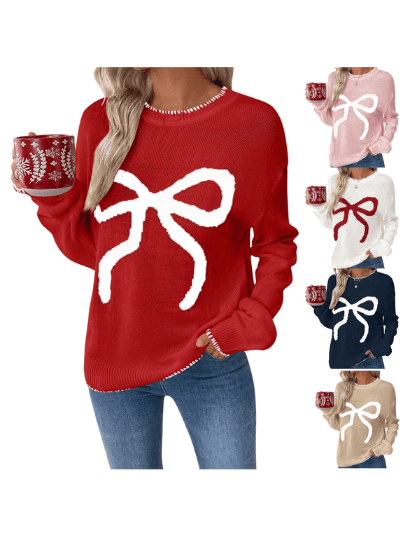 Heart Sweaters for Women Crewneck Contrast Trim Blouses Tops Bow Front Knitted Pullover Comfy Knitted Long Sleeve Sweater Red,L