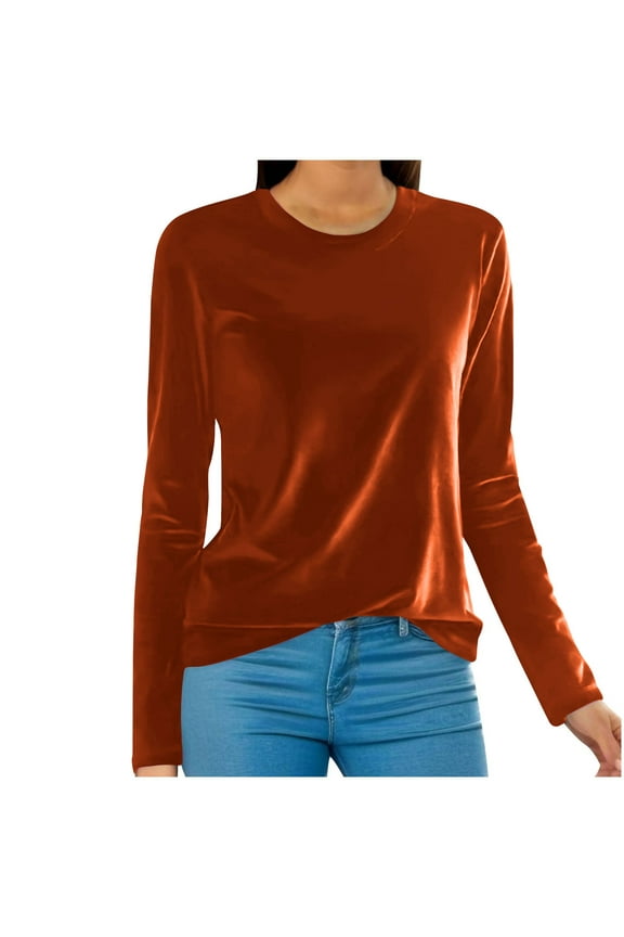 Velvet Tops for Women Long Sleeve Round Neck Tunic Tee Blouse Solid Casual Elegant Shirt Trendy Vintage Golden Velvet Top Purple L