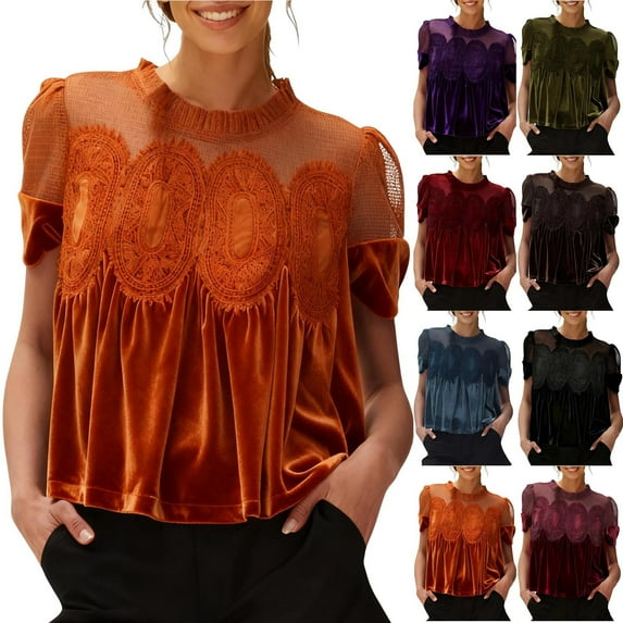 yoeyez Velvet Tops for Women Vintage Embroidery Velour Cropped Shirts Puff Short Sleeve Lace Trimmed Blouse Elegant Loose Flared Swing Top
