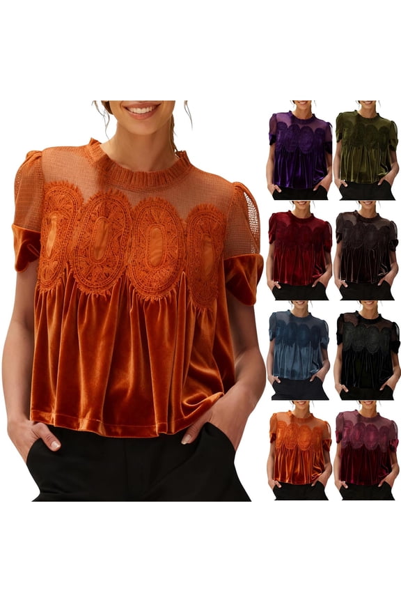 Velvet Tops for Women Vintage Embroidery Velour Cropped Shirts Puff Short Sleeve Lace Trimmed Blouse Elegant Loose Flared Swing Top