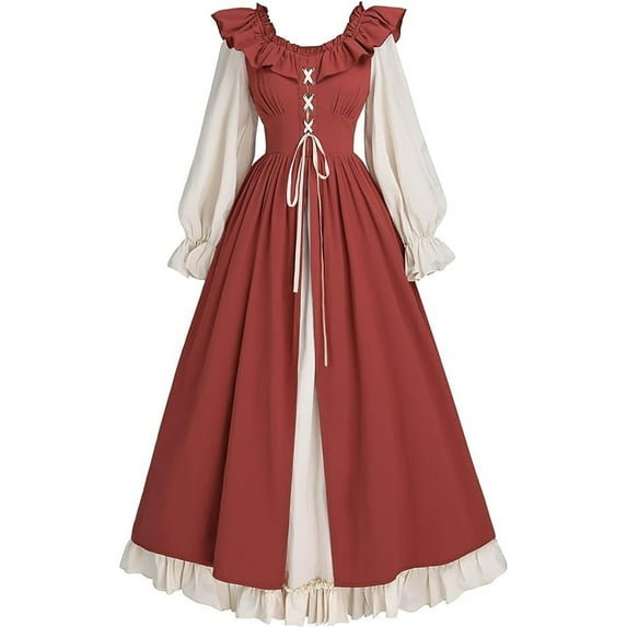 yoeyez Victorian Costumes for Women Medieval Wedding Guest Faire Dress Ruffle Maxi Dresses Red,L