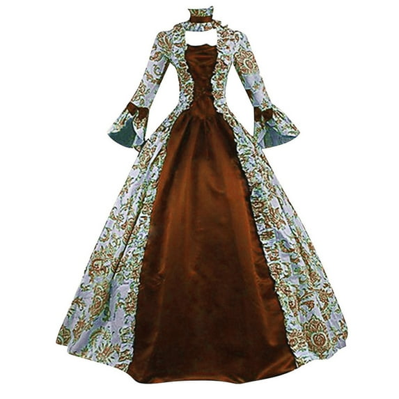yoeyez Victorian Dress Women Rococo Ball Gown Vintage Medieval Dress Plus Size Lace Up Cinch Corset Dress Flare Sleeve Wedding Guest Long Gothic Costumes Coffee,L